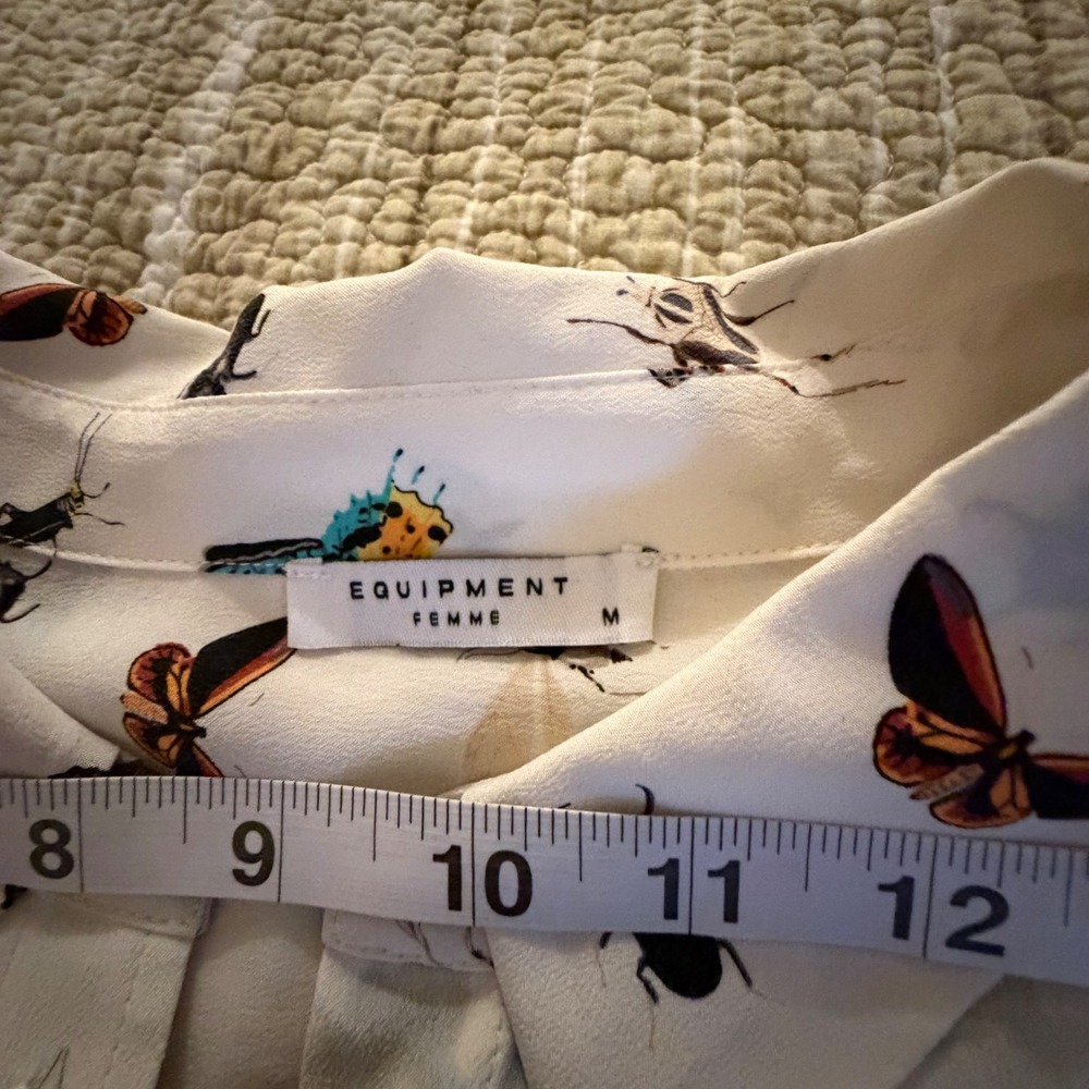 Anthropologie Silk Insect Print Button Down Shirt White Butterfly Beetle - Picture 5 of 7